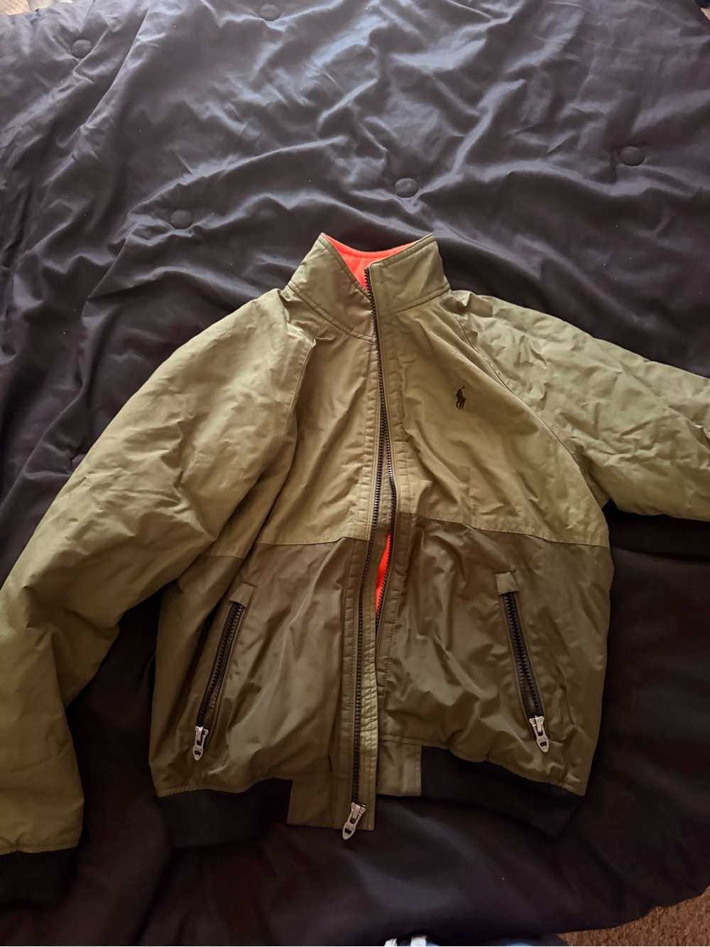 Ralph Lauren Two-Tone Olive Bomber Jacket with Contrast Lining